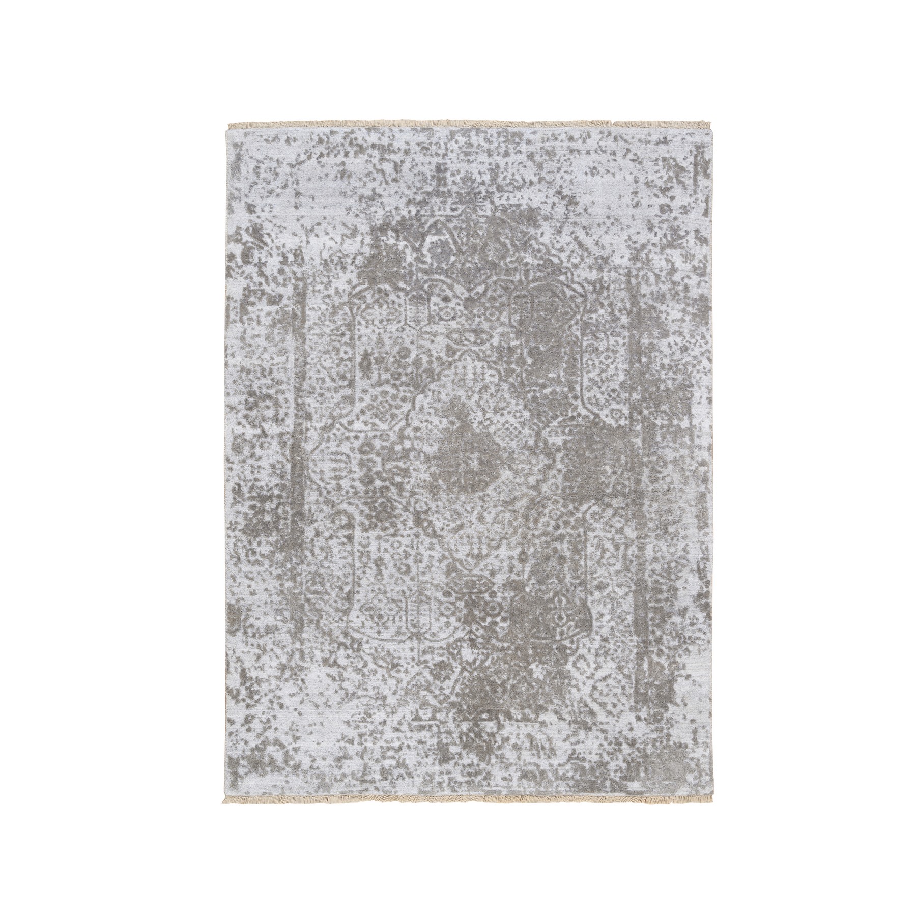 4'2"x6' Shades of Gray Broken Persian Design Wool and Pure Silk Hand Knotted Oriental Rug 